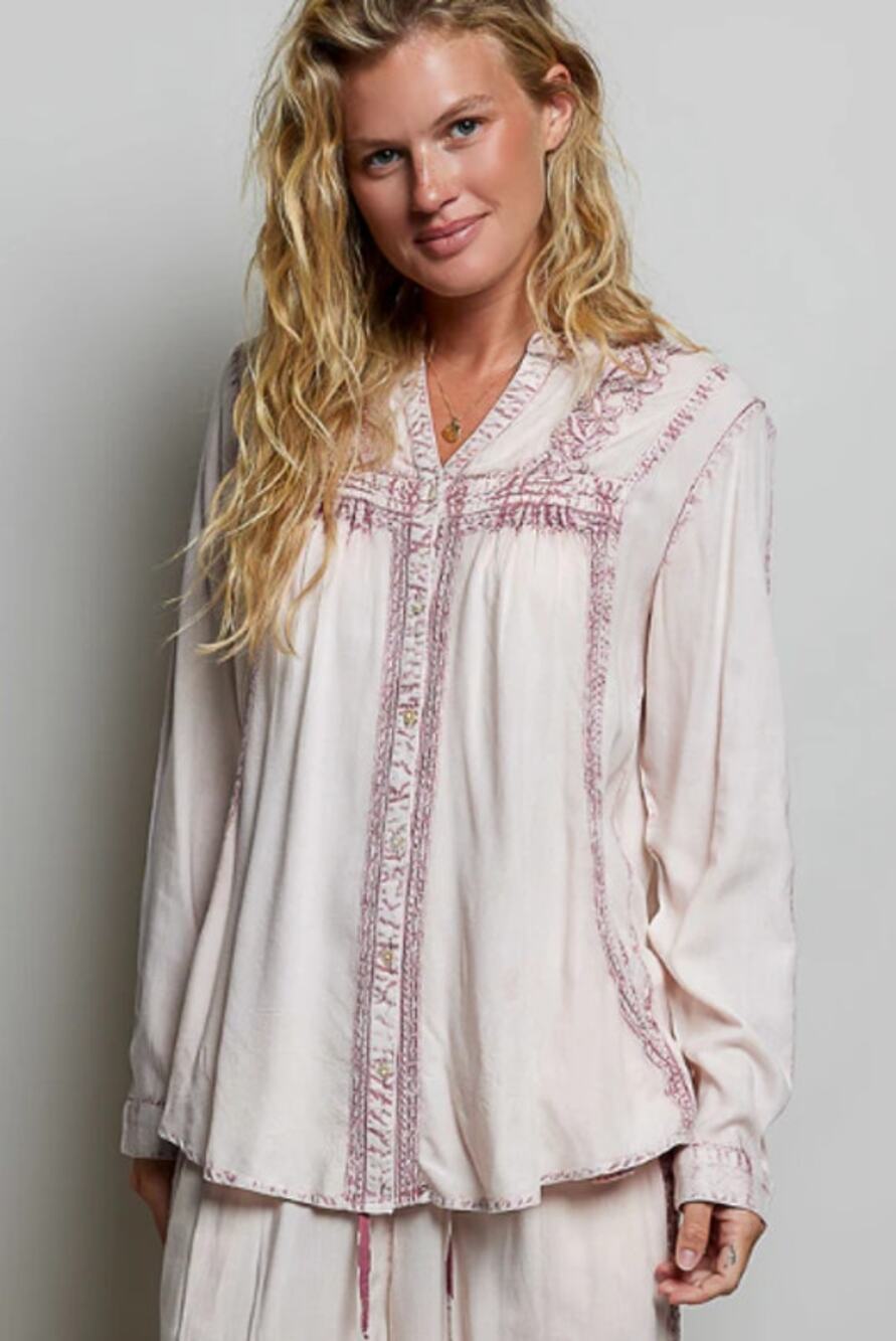 POL Embroidered Yoke Button Front Blouse Blush Pink Size L NWT - Soft Romantic